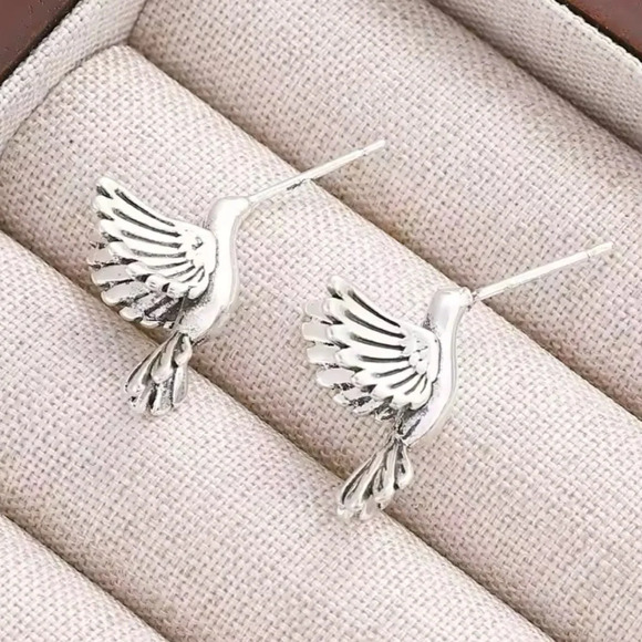 Hummingbird Silver Tone Stud Earrings - Picture 1 of 3
